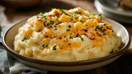 Twice Baked Mashed Potatoes Cheesy mashed potatoes with chives and paprika garnish for comfort food lovers