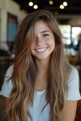 Smiling woman with long hair relaxing in a cozy cafe setting