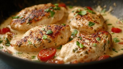 Creamy garlic chicken breasts with cherry tomatoes and fresh herbs in a skillet