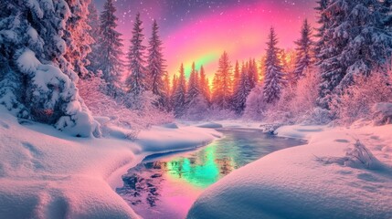 Beautiful aurora and winter landscape with snow forest.