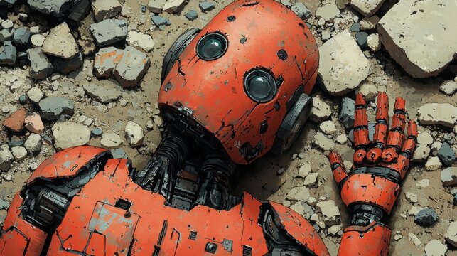 Rusty orange robot lying among debris