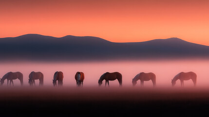 Fototapeta premium A small herd of wild horses grazing quietly in an open field at dawn, surrounded by a gentle morning mist. 