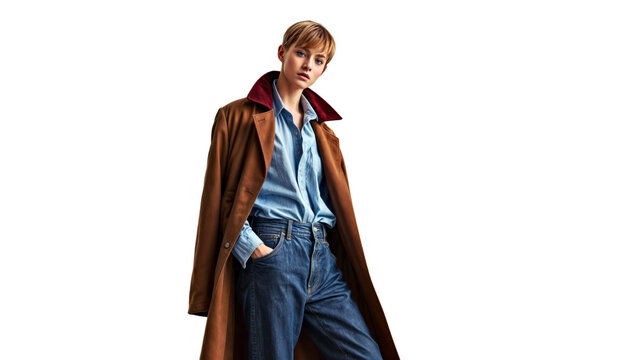 A woman in a brown coat and blue shirt stands in front of a white background