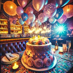 Birthday cake with balloons and confetti