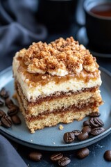 Tiramisu-inspired coffee cake with crumb topping on blue plate
