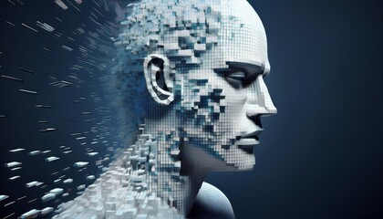  head being digitalized 3d pixel blocks head going into a digital deconstructed