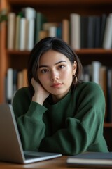 Plan a Solo Vacation Day Young asian female in green sweater with laptop in cozy library setting