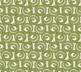 Seamless pattern of green coiled snakes and abstract Y2K figures, stars.. Perfect for fabric design, packaging, astrology, wrapping paper. Vector Illustration in flat style