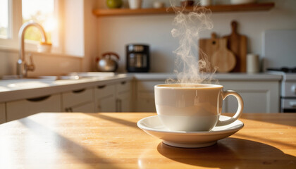 Steaming cup of coffee on wooden table in cozy kitchen