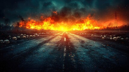 Apocalyptic Wasteland Inferno with Skulls and Fire Towers under Thunderstorm – Vibrant 8K Desolation Scene
