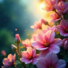 Fototapeta premium Glowing silk threads intertwining with nature, radiant, flowers