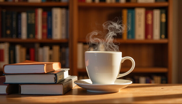 Steaming coffee cup on wooden table with books in background
