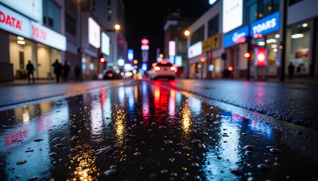 Urban street at night with colorful lights reflected in puddles
