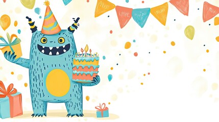 Festive monster holding cake & gifts, birthday party background, celebration banner design