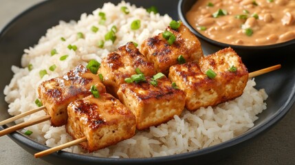 Crispy Tofu With Peanut Sauce Grilled tofu skewers with peanut sauce over white rice garnished with green onions Gluten-free meals