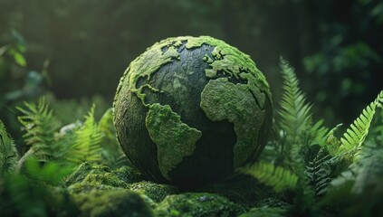 Moss-Covered Globe in Lush Greenery: A Symbol of Environmental Harmony