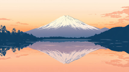 湖面に映る静寂な逆さ富士、早朝の幻想的な風景