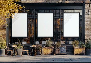 Three large banner mockups in front of a coffee shop