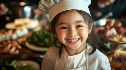 International School Meals Day Asian female child chef smiling in kitchen setting surrounded by fresh ingredients