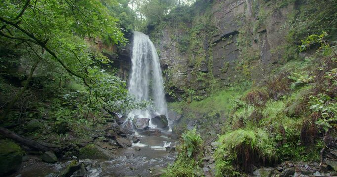 Extra wide shot of Melin Court waterfall at Melin Court nature reserve