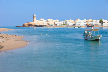 Oman, a foreshortening of Sur coastline with its little lighthouse