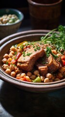 Fototapeta premium Hearty lamb stew with chickpeas and vegetables in rustic bowl