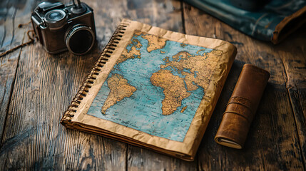 Vintage World Map  Camera  Travel Journal  Adventure