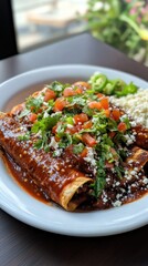 Delicious mexican enchiladas with fresh salsa and cheese garnish
