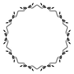 Round floral frame with ancient Egyptian ethnic motifs. Circular border with blooming lotus flowers. Black and white silhouette.
