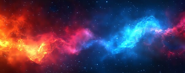 Fototapeta premium Vibrant cosmic nebula with glowing orange and blue colors in deep space, featuring luminous gas clouds and stellar formations against dark starry background.