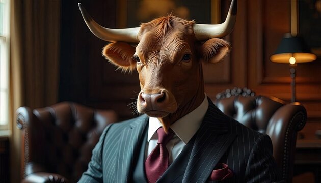 A Bull in a Pinstripe Suit Sitting in a Chair