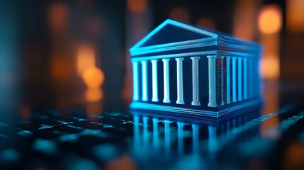 Glowing blue ancient Greek temple model on dark background with bokeh lights reflects on digital surface, symbolizing modern banking and finance.
