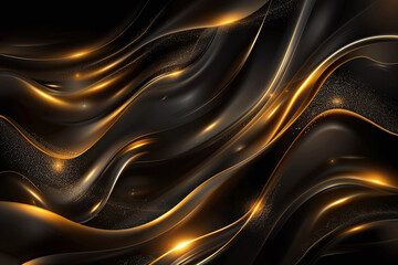 Elegant Flowing Golden Waves with Glowing Particles on a Dark Background, Abstract Futuristic Texture and Luxury Artistic Design