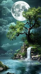Enchanted Moonlit Waterfall: A Serene Night Landscape