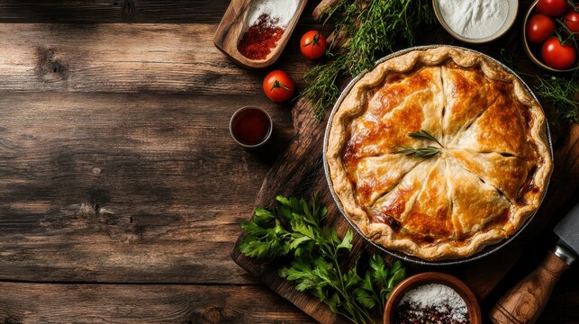 British Pie Week Homemade savory pie with tomatoes and fresh herbs on rustic wooden table