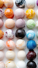 33 Flavors Day Assorted colorful ice cream scoops displayed on white background