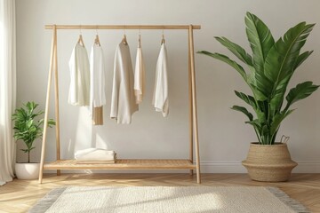 Minimalist clothing rack with potted plant in modern room
