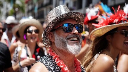 Argentina Carnival Joyful elderly caucasian man celebrating at festive outdoor parade