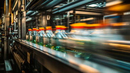 Naklejka premium Motion-blurred water bottles rapidly moving along the production line at a mineral water factory, nearing the finishing line, lined up for labeling and packing.