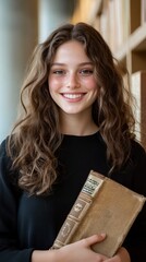 Jewish Book Week Smiling caucasian female teen with long hair holding an old book in library