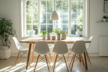 Fototapeta premium Minimalist dining room with wooden table and natural light
