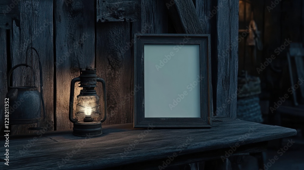 Poster Rustic wooden setting with lantern and blank frame