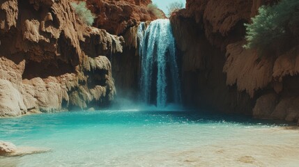 Naklejka premium Canyon Waterfall Cascades Into Turquoise Pool