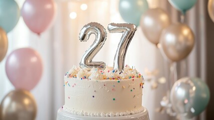 Celebratory 27th Birthday Cake with Balloons and Festive Decor. Number 27 Birthday cake.