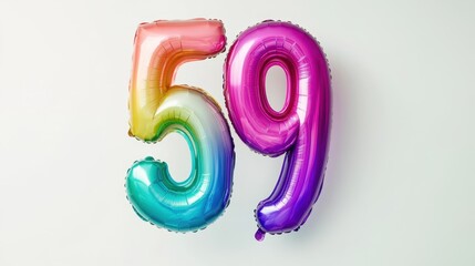 Vibrant colorful number 59 celebration balloons for birthday or anniversary decoration