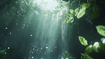 Fototapeta premium Serene Waterfall Cascading Through Lush Green Foliage