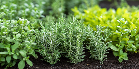 Obraz premium A collection of perennial herbs such as rosemary, oregano, and thyme, freshly harvested and arranged neatly, showcasing their vibrant green hues and aromatic qualities.