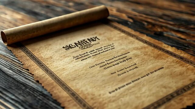 Rolling antique menu papyrus on rustic wooden table in a cozy setting
