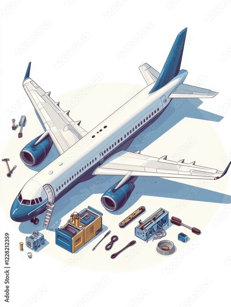 Aufkleber detailed illustration of an airplane surrounded by various parts and tools in a design layout. gener