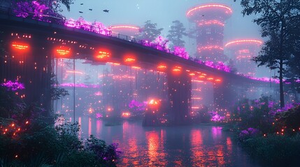 Obraz premium Futuristic city bridge, glowing flora, misty forest, night scene, sci-fi concept art